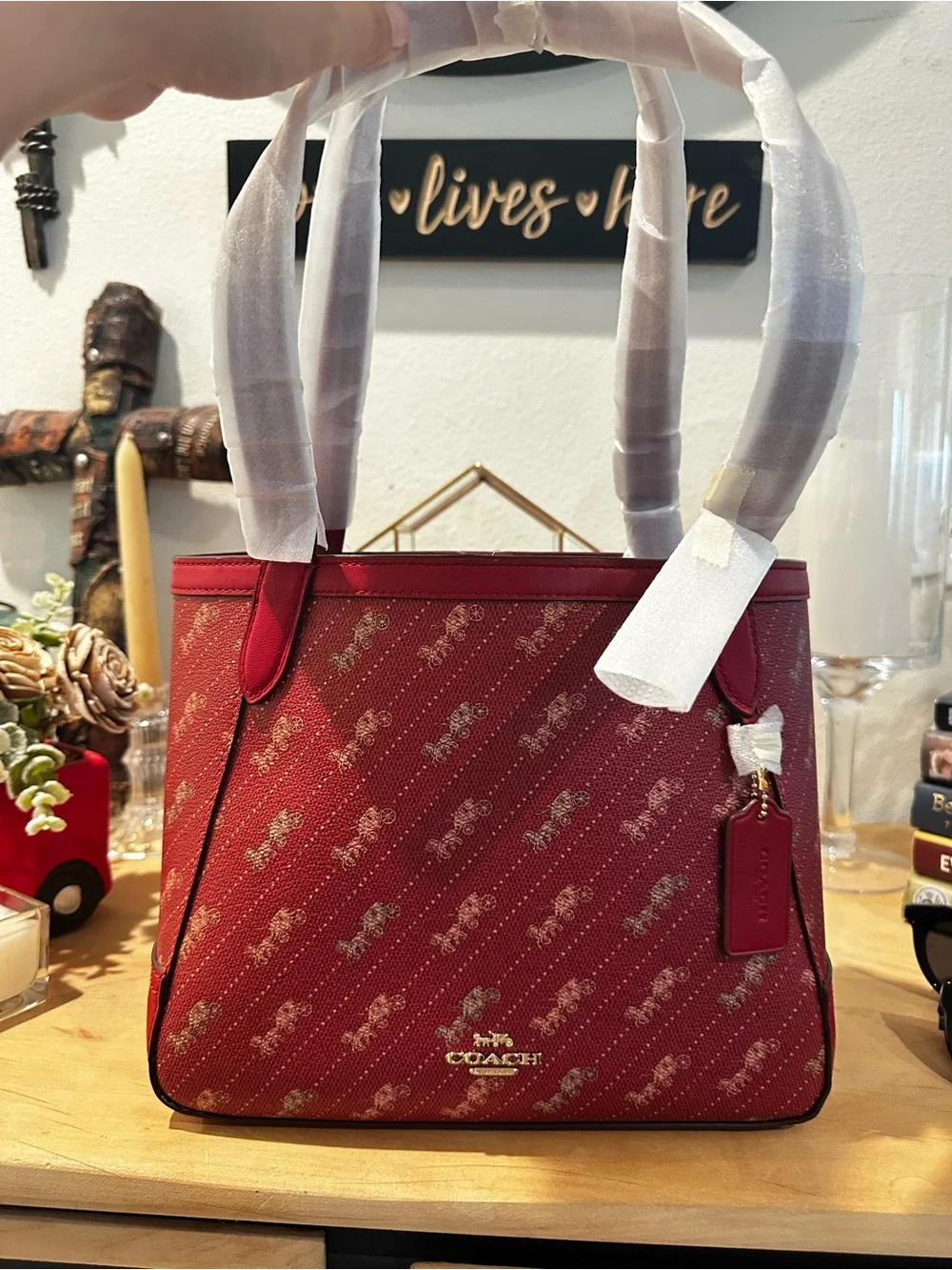 Coach Red Signature Monogram Tote with Gold Logo